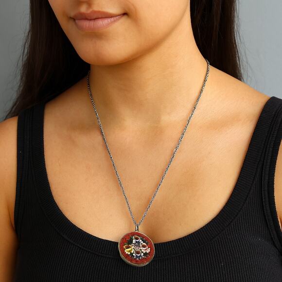 Vintage Micro Mosaic Floral Pendant Necklace Italy w Krementz Chain - Hey Viv - Picture 2 of 9